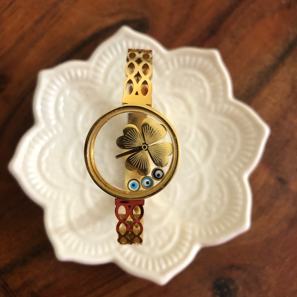 Women’s Gold Plated Lucky Clover Evil Eye Stainless Steel Bracelet Bangle Gifts